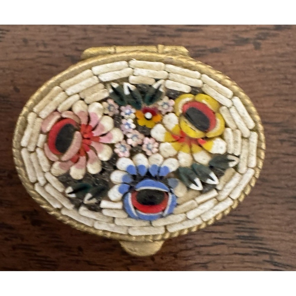 Vintage Italian Micro Mosaic Floral Pill Trinket Hinged Box Gold Frame 1.25"w